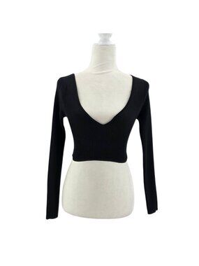 JLUXLABEL Womens Small Top Cropped Fitted Ribbed Knit Black Plunge V Neck Party